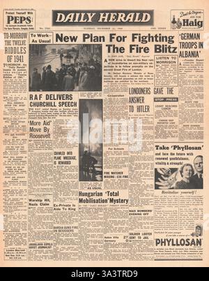 1940 Titelseite: Daily Herald Blitz und Bombardierung von London Stockfoto