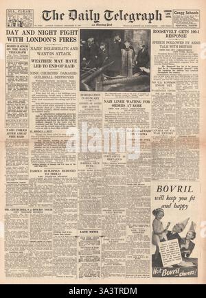 1940 Titelseite des Daily Telegraph Blitz und Bombardierung von London Stockfoto