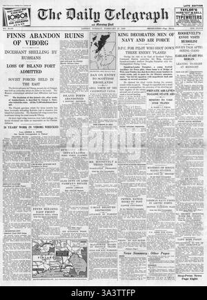 1940 Titelseite Daily Telegraph Finnen aufzugeben Ruinen von Vyborg Stockfoto