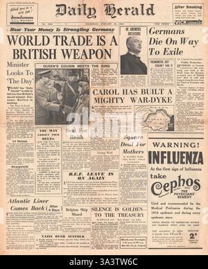 1940-Titelseite Daily Herald Wirtschaftskrieg gegen Deutschland Stockfoto
