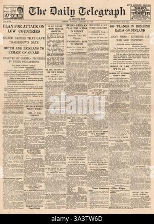 1940 Titelseite Daily Telegraph deutsche Bedrohung in niedrige Länder Stockfoto