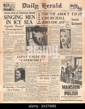 1940-Titelseite Daily Herald sinken von HMS Grenville Stockfoto