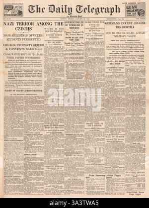 1940-Titelseite Daily Telegraph Nazi-Terror in Czechsolvakia Stockfoto