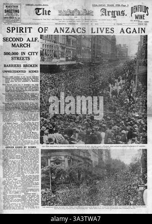 1940-Titelseite die Argus (Melbourne) australische Truppen März durch Melbourne Stockfoto