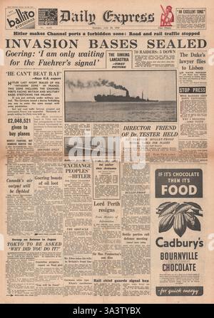 1940 Titelseite Daily Express Frankreich aufgeteilt in besetzte und unbesetzte und Bilder des Untergangs der Lancastria Stockfoto