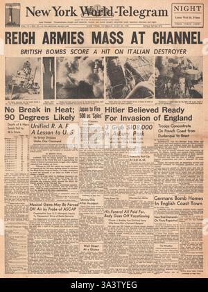 1940 Titelseite New York World Telegram Deutsche Truppen versammeln sich am Ärmelkanal und in der Schlacht um Großbritannien Stockfoto