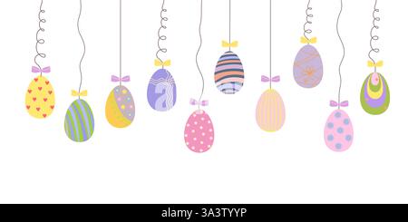 Osterei hängende Komposition des Feiertagssymbols in festlichen Tönen verziert, flache Art Hand gezeichnete Vektor-Illustration für Frühlingsfeier Dekor, Grußkarten, Einladungen, Banner Stock Vektor