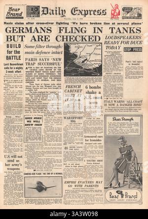 1940 Titelseite Daily Express Deutsche Truppen fahren Richtung Süden nach Paris und die französische Armee stoppt den Vormarsch deutscher Panzer Stockfoto
