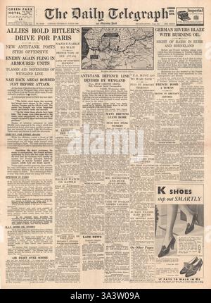 1940 Titelseite Daily Telegraph Deutsche Truppen fahren nach Süden nach Paris und die französische Armee stoppt den Vormarsch deutscher Panzer Stockfoto