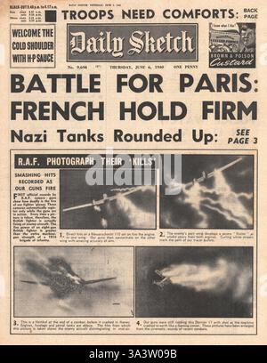 1940 Tageszeitung Sketch Deutsche Truppen fahren nach Süden nach Paris und die französische Armee stoppt den Vormarsch deutscher Panzer Stockfoto