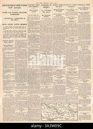 1940 Seite 6 die Zeit, als deutsche Truppen nach Süden nach Paris aufbrechen und die französische Armee den Vormarsch deutscher Panzer stoppt Stockfoto