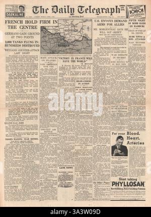 1940 Titelseite Daily Telegraph Deutsche Truppen fahren nach Süden nach Paris und die französische Armee stoppt den Vormarsch deutscher Panzer Stockfoto