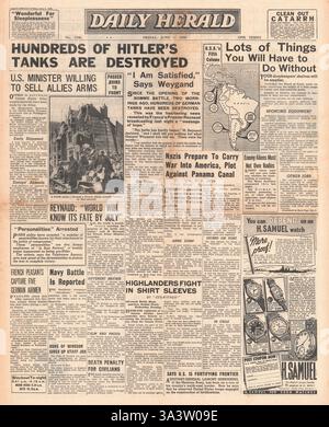 1940 Titelseite Daily Herald Deutsche Truppen fahren nach Süden nach Paris und die französische Armee stoppt den Vormarsch deutscher Panzer Stockfoto