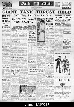 1940 Titelseite Daily Mail Deutsche Truppen fahren nach Süden nach Paris und die französische Armee stoppt den Vormarsch deutscher Panzer Stockfoto
