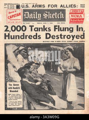 1940 Tageszeitung Sketch Deutsche Truppen fahren nach Süden nach Paris, die französische Armee stoppt den Vormarsch deutscher Panzer und Königin Elisabeth spricht mit verwundeten Soldaten in Hertfordshire Stockfoto