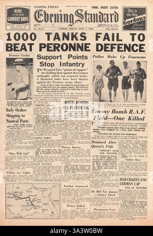 1940 Titelseite Evening Standard (London) deutsche Truppen fahren nach Süden nach Paris und die französische Armee stoppt den Vormarsch deutscher Panzer Stockfoto