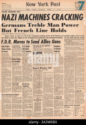 1940 Titelseite New York Post deutsche Truppen fahren nach Süden nach Paris und die französische Armee stoppt den Vormarsch deutscher Panzer Stockfoto