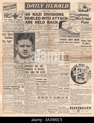 1940 Titelseite Daily Herald Deutsche Truppen fahren nach Süden nach Paris und die französische Armee stoppt den Vormarsch deutscher Panzer Stockfoto