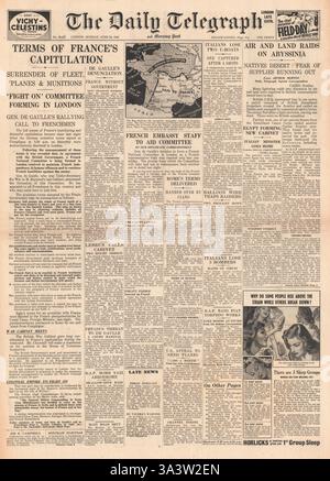 1940-Titelseite Daily Telegraph Französisch unterzeichnen Waffenstillstand Stockfoto