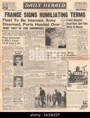 1940-Titelseite Daily Herald Französisch unterzeichnen Waffenstillstand Stockfoto
