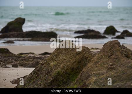 Wunderschöner Blick auf den Pazifischen Ozean mit seinen warmen und ruhigen Stränden im Norden Perus Stockfoto