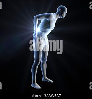 Abbildung einer Person mit Schmerzen im unteren Rücken, die den Lendenbereich betont und Wirbelsäulenbeschwerden, Haltung und Muskelanstrengung darstellt. Stockfoto