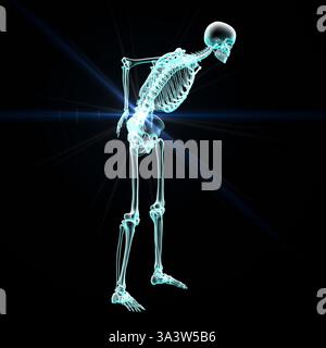 Illustration eines menschlichen Skeletts mit Schmerzen im unteren Rücken, Darstellung von spinalen Beschwerden im Lendenbereich. Stockfoto