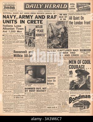 1940 Titelseite des Daily Herald British Army, Navy und RAF sind jetzt in Kreta und den US-Präsidentschaftswahlen Stockfoto