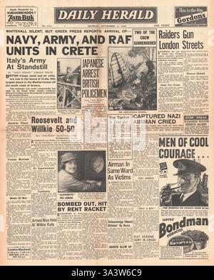 1940 Titelseite des Daily Herald British Army, Navy und RAF sind jetzt in Kreta und den US-Präsidentschaftswahlen Stockfoto