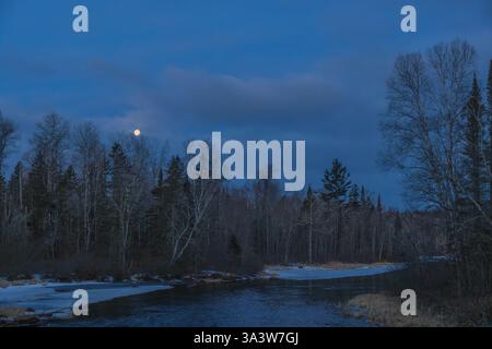 Der Vollmond untergeht über dem West Fork des Chippewa River an einem Märzmorgen im Norden von Wisconsin. Stockfoto