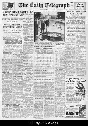 1940-Titelseite Daily Telegraph Flugzeug Mangel in Deutschland Stockfoto