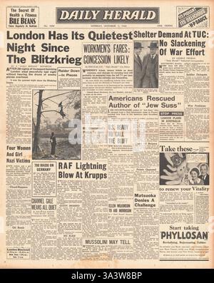 1940-Titelseite Daily Herald London hat ruhigste Nacht seit der Blitzkrieg Stockfoto