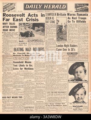 1940 Titelseite der Tageszeitung Herald Roosevelt handelt in der Fernost-Krise und Großbritannien warnt Rumänien vor Ölfeldern Stockfoto