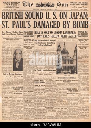 1940-Titelseite der Sonne (New York) St.Pauls Kathedrale in Luftangriff beschädigt Stockfoto