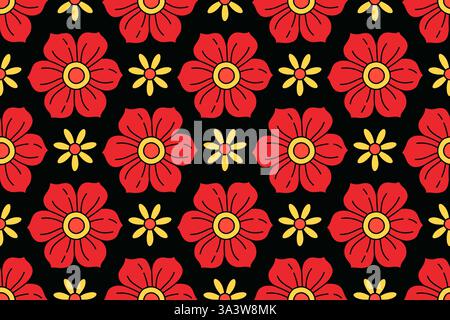 Lebendiges, nahtloses Blumenmuster mit Retro-Design und verspieltem Design. Kontrastfarben, groovige ästhetische Hippie-Kultur der 60er und 70er Jahre für Mode, Innendesign-Branding, Textilien oder Geschenkpapier Stock Vektor