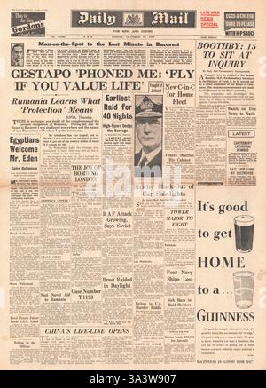 1940-Titelseite Daily Mail deutsche Besetzung von Rumänien Stockfoto
