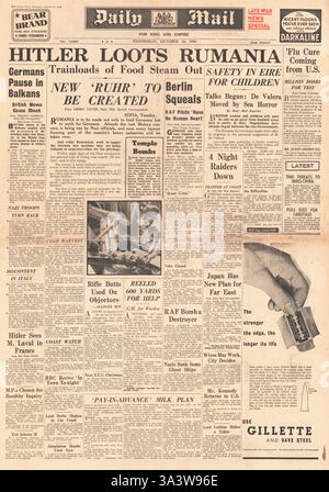1940-Titelseite Daily Mail Hitler plündert Rumänien Stockfoto