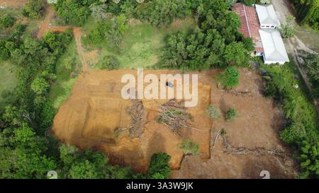 Eine hochauflösende Luftaufnahme der Rodung für Bau- oder Landwirtschaftszwecke. Die Szene erfasst freiliegenden Boden, umgestürzte Bäume und ein Fahrzeug vor Ort. Stockfoto