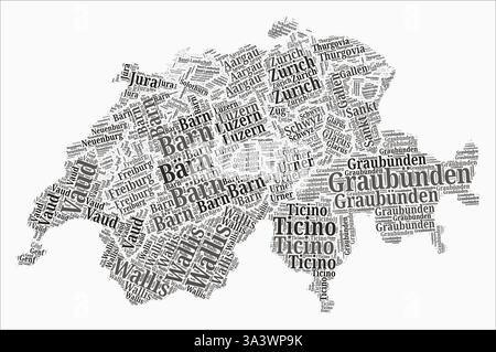 Regionen Für Textstil Schweiz. Land Region nennt Wortwolken in deutscher Sprache. Moderne Vektorillustration. Stock Vektor