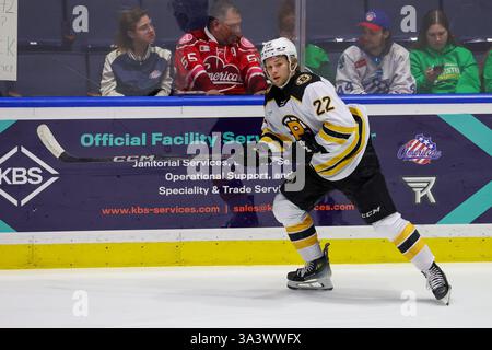 Rochester, New York, USA. März 2025. Providence Bruins stürzt Fabian Lysell (22) in Aufwärmschuhen vor einem Spiel gegen die Rochester Americans. Die Rochester Americans veranstalteten die Providence Bruins in einem Spiel der American Hockey League in der Blue Cross Arena in Rochester, New York. (Jonathan Tenca/CSM). Quelle: csm/Alamy Live News Stockfoto
