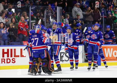 Rochester, New York, USA. März 2025. Rochester American-Spieler feiern einen Sieg in einem Spiel gegen die Providence Bruins. Die Rochester Americans veranstalteten die Providence Bruins in einem Spiel der American Hockey League in der Blue Cross Arena in Rochester, New York. (Jonathan Tenca/CSM). Quelle: csm/Alamy Live News Stockfoto