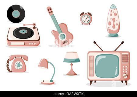 Wohnzimmerartikel im Retro-Stil der 70er Jahre, isoliert auf weißem Hintergrund Stock Vektor