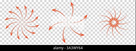 Rote Pfeile zeigen zur Mitte. Epizentrum-Symbole eingestellt. Sammlung von Pfeilen nach innen. Stock Vektor