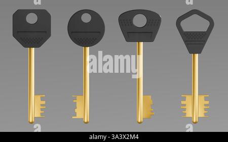 Goldene Skelettschlüssel, isoliert auf Hintergrund gesetzt. Vektor-realistische Illustration der verschiedenen Form Metall Hinweis zu Haus, Büro, Zimmertür, Immobiliensicherheit, Datenschutz Zugang, Erfolgssymbol Stock Vektor
