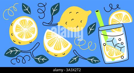 Zitronenscheiben mit Limonade im Glas Illustration Set. Niedliche Zeichentrickzeichnung - ganze Früchte, geschnittene Zitrusteile, erfrischendes Sommergetränk mit Eiswürfeln und Blättern. Vektorentwurzelemente. Stock Vektor