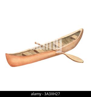 Einfaches hölzernes Kanu mit Paddel. Camping-Clipart. Boot isoliert. Abenteuer im Bergtourismuscamp. Handgezeichnete Aquarellillustration. Für Scrapbooki Stockfoto