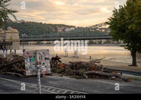 Budapest, Ungarn - 24. September 2024: Äste und Baumstämme wurden nach dem Sturm Boris vom Fluss gespült. Stockfoto