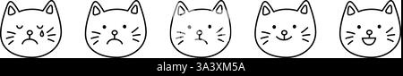 Niedliches Kritzelgesicht-Symbol-Set. Lächle, traurige und weinende Katze. Kitty Kawaii Emoji. Handgezeichnetes Tieremoticon. Expression Kätzenkopf. Gute und schlechte Laune Stock Vektor