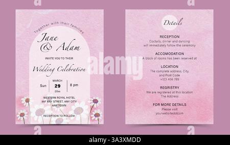 Aquarell ein weicher rosafarbener strukturierter Hintergrund mit weißer Gänseblümchenhochzeits-Einladungs-Set-Vorlage Stock Vektor