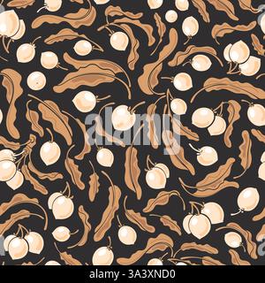 Nahtloses Shea-Muster, Vintage-Ornament. Vektor-goldene Blätter, Nüsse auf schwarzem Hintergrund. Textil mit Blumenmuster, Arabesken und afrikanischem Druck für Mode Stock Vektor